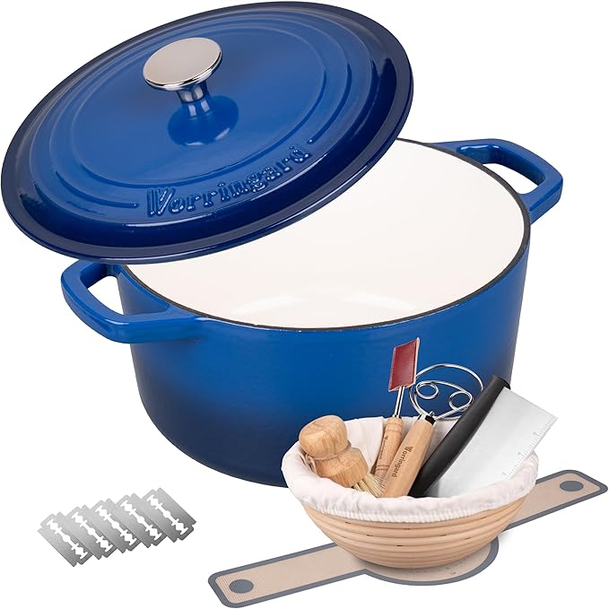 Enameled Cast Iron Dutch Oven Pot with Lid, for Bread Baking, Round Bread Oven- include Sourdough Bread Baking Supplies Set, 4.5QT, Blue