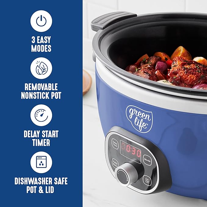 GreenLife 6QT Slow Cooker, Non-Toxic PFAS-Free Ceramic Nonstick Removable Interior Bowl, Programmable, Family Friendly, Keep Warm, Stovetop & Oven Safe, Dishwasher Safe Crock, Timer, Glass Lid, Blue