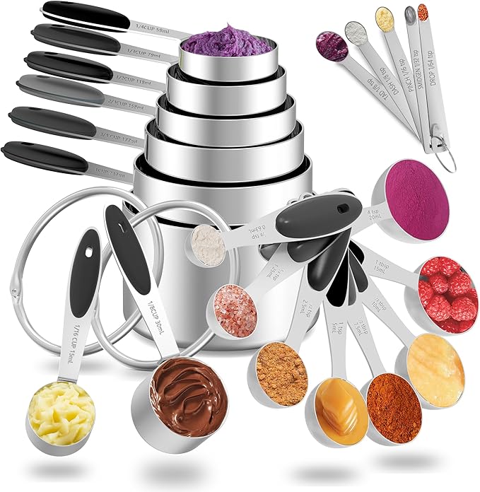 Measuring Cups and Spoons Set, 21 Pieces Stainless Steel Measuring Cups Measuring Spoons Set with Black Silicone Handle, Nesting Measuring Cup Spoon for Dry or Liquid Ingredients