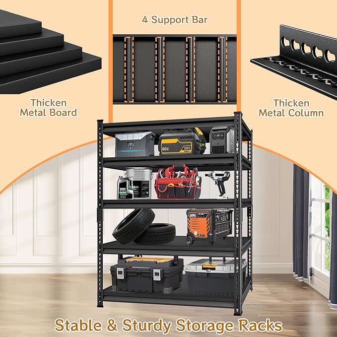 48''W Utility Garage Shelves: 2,800Lbs Heavy Duty Steel Metal Adjustable Shelving Storage Industrial Rack Units 5 Tier Black 48" W x 24" D x 78" H