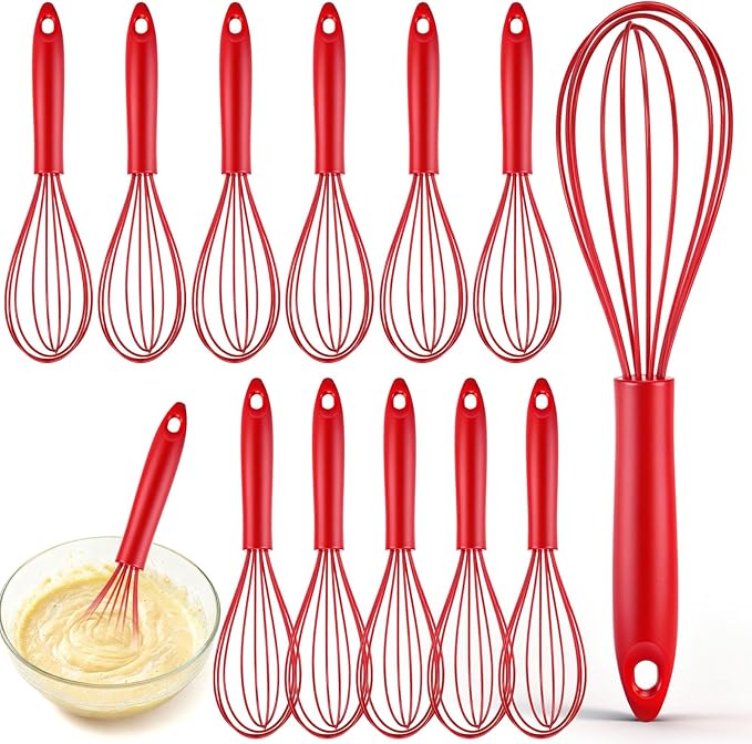Domensi 12 Pcs 10 Inch Red Silicone Whisk Non Scratch Balloon Wire Whisk for Cooking Manual Egg Beater Milk Coffee Frother, Baking Gifts Cooking Supplies for Christmas Gift Party Stocking Stuffers