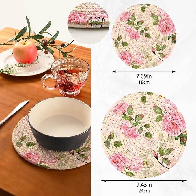 Kitchen Trivets Pot Holders Set of 2, Vintage Pink Roses Trivets for Hot Pots Dishes Woven Trivet Coaster Pad Mat for Counter
