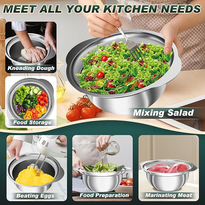Colander for Kitchen - Stainless Steel Strainer - 3Pcs Strainers and Colanders with Handle, Kitchen Gadget, Food Strainer Basket for Pasta Noodles Spaghetti Vegetables Fruit, 2QT + 3QT + 3.5QT Bowl