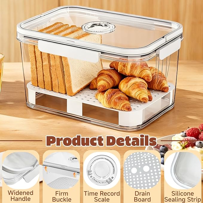 Bread Box for Kitchen Countertop | Airtight Bread Storage Container with New Upgrade Time Recording Lid – Bread Keeper for Homemade Bread, Donuts, Bagels, Toast, and Cookies