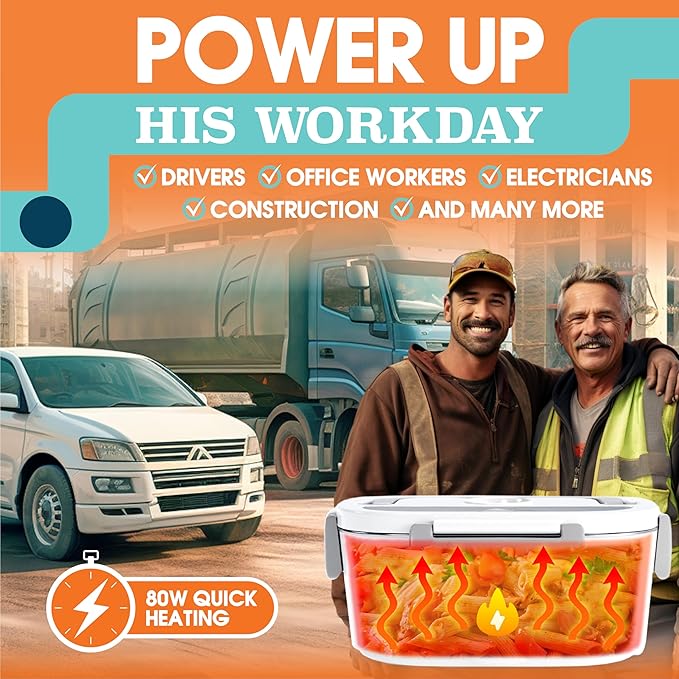 TRAVELISIMO Electric Lunch Box for Adults 80W Heated Lunch Box For Men 1.5L Stainless Steel Portable Food Warmer, 12/24/110V Electric Food Warmers for Travel & Work, Loncheras Para Hombres de Trabajo