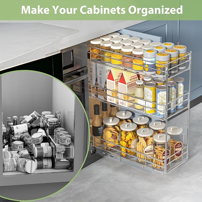 Pull Out Spice Rack Cabinet Organizer (8" W X 20½" D),3 Tier Slide Out Drawer for Narrow Cabinet, Pull Out Shelves Under Cabinet Storage for Kitchen