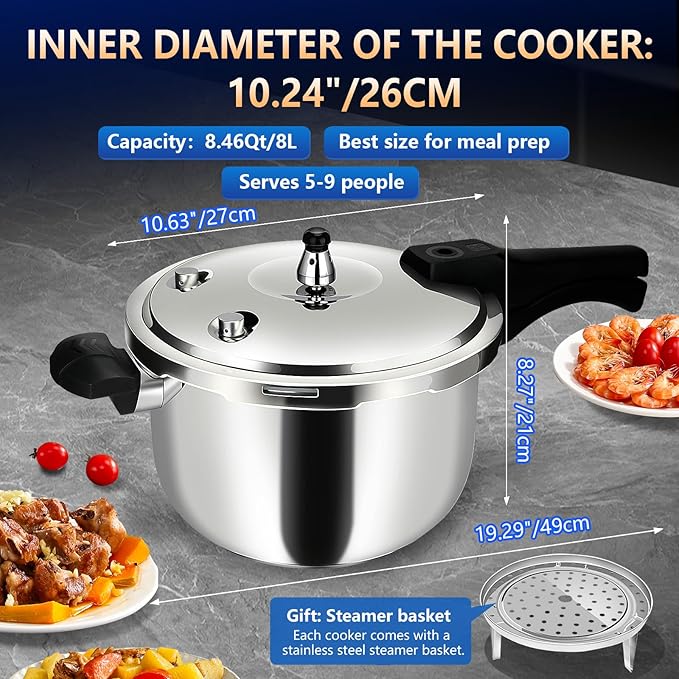 Pressure Cooker Stainless Steel pressure cooker 8 qt Commercial Stove Top Pressure Cooker Pot, Compatible with Gas & Induction Cooker 8+ qt for canning stainless steel