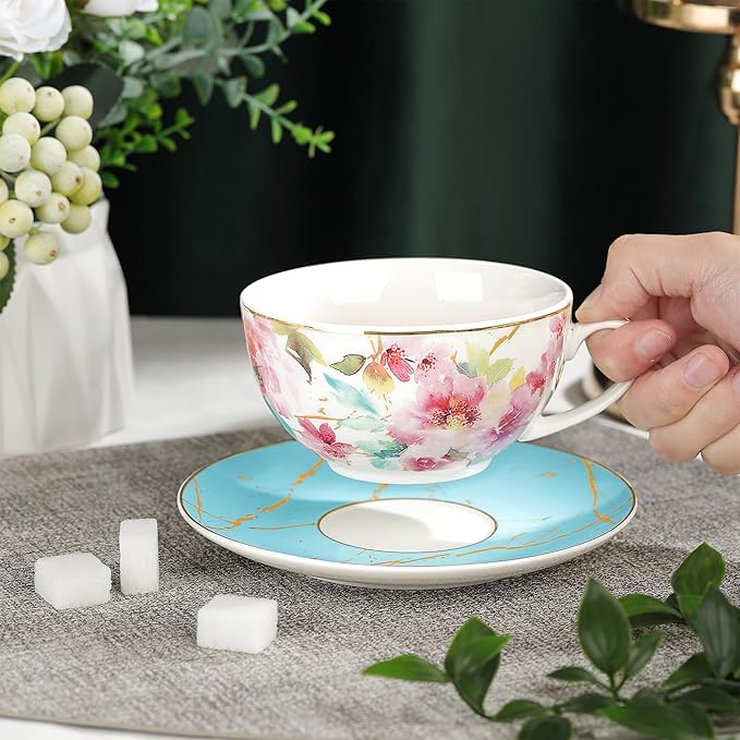 fanquare Pink Floral Teapot, Tea Cup and Saucer Set with Gold Trim, Porcelain Tea for One Tea Set for Gift, Blue
