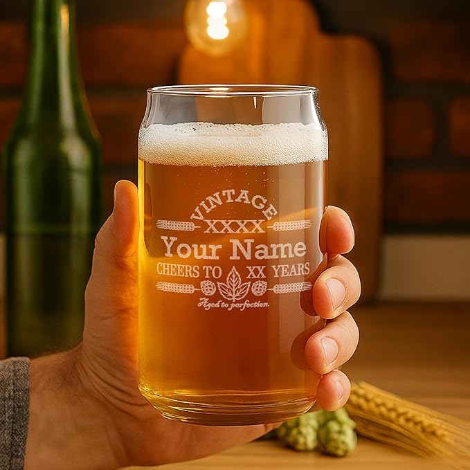 On The Rox Drinks Customized Beer Can Glass - Personalized Birthday Gift - Engraved Vintage Cheers - Aged To PERFECTION - Etched Beer Glass - Barware (1)