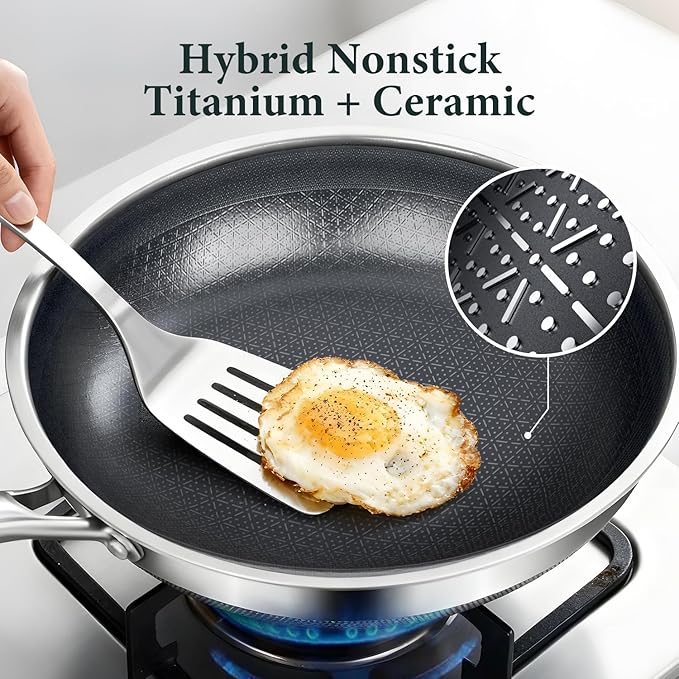 Non Stick 10-Inch Pan, Titanium Hybrid Pan with Lid, Stay-Cool Handle, Professional Frying Pan, Dishwasher Friendly, Oven Safe, Compatible with All Cooktop