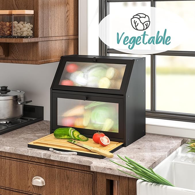 Extra Large Bread Box with Cutting Board Bamboo Wood Bread Box for Kitchen Counter, Double Layer Large Capacity Bread Storage Bin with Acrylic Wavy Door Panel (Black)