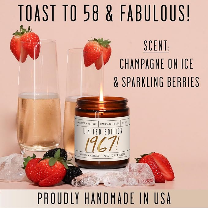 58th Birthday Gifts for Women - 'Limited Edition 1967' Soy Candle, w/Champagne on Ice I 58 Birthday Gifts for Women I 58th Gift for Her Ideas I 9oz Reusable Jar, 50Hr Burn, Made in USA