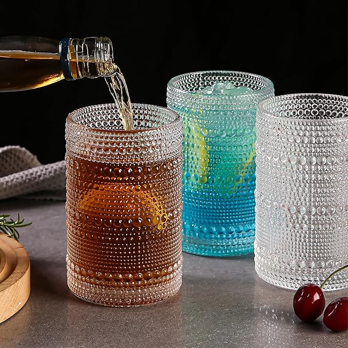 15oz Hobnail Drinking Glasses Set of 6,Clear Vintage Glassware Embossed Water Tumbler,Cocktail Glass Cups for Beer,Whiskey,Juice and Various Mixed Drinks