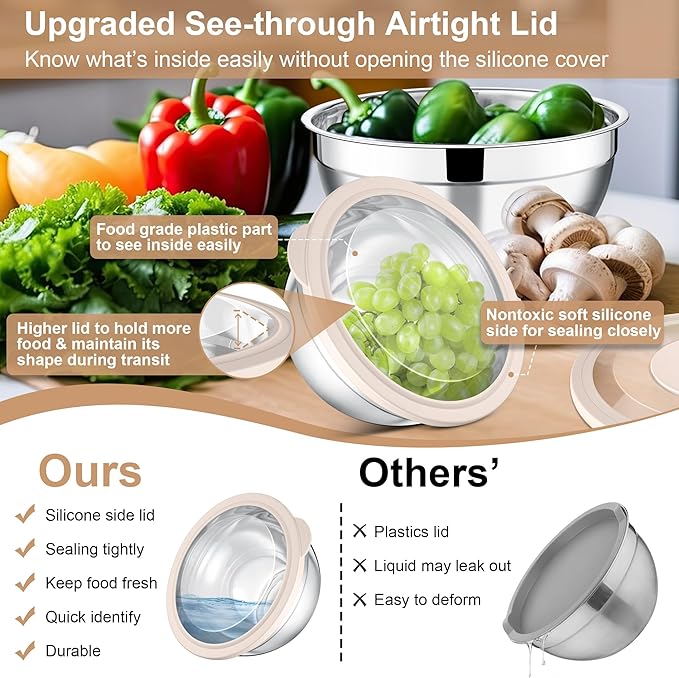 E-far Mixing Bowls with Lids and Graters, Stainless Steel Salad Mixing Bowl with Transparent Lid Set of 3, Metal Nesting Salad Storage for Kitchen Prepping/Serving/Baking, 4.6/2.6/1.5QT - Khaki