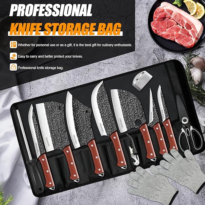 MDHAND 14PCS Butcher Knife Set, Hand Forged Butcher Chef Knife Set with Roll Bag, Sharp Meat Cleaver Knife & Bone Chopper Knives & Fillet Knives for Home & Camping & BBQ Gift for Men