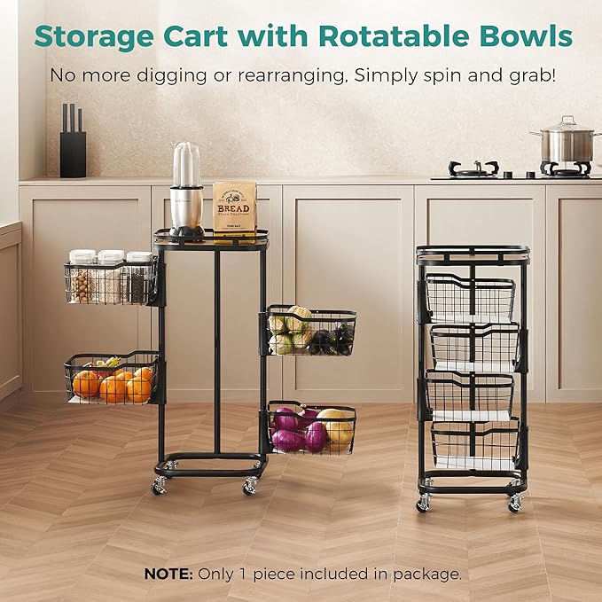4 Tier Kitchen Fruit Vegetable Storage Cart with One-Piece Rotating Basket, Pantry Organizer Shelf Rack Floor Stand for Veggie Onion Potato Produce Spice, Rolling Snack Cart on Wheels, Black