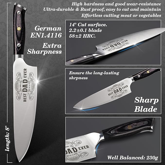 Gifts for Dad Men, Dads Gifts for Dad, Dad Birthday Gift from Daughter Son Kids, 8 inch Pro German 1.4116 Chef Knife, Kitchen Knife Gift Set for Best Dad Father Christmas Xmas Gifts