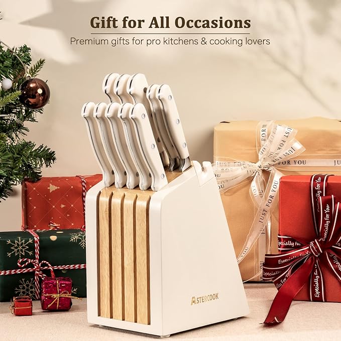 Astercook Knife Set, Kitchen Knife Set with Block and Sharpener, 12 Pcs Ultra-Sharp High Carbon Stainless Steel Knife Block Set with Non-Slip Full Tang Ergonomic Handle, Cream White Cutlery Set