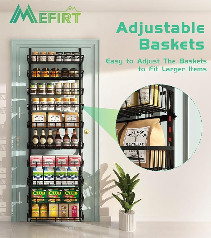 10-Tier Over The Door Pantry Organizer, Pantry Organization and Storage, Black Metal Hanging Adjustable Basket, Wall Spice Rack Seasoning Shelves, Home & Kitchen Essentials