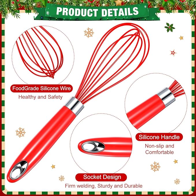 24 Christmas Whisk Gifts Include 10 Inch Christmas Stainless Steel Silicone Whisk Greeting Cards Ribbons Plastic Bags for Xmas Neighbor Family Friends Baking Enthusiast Cooking Supplies