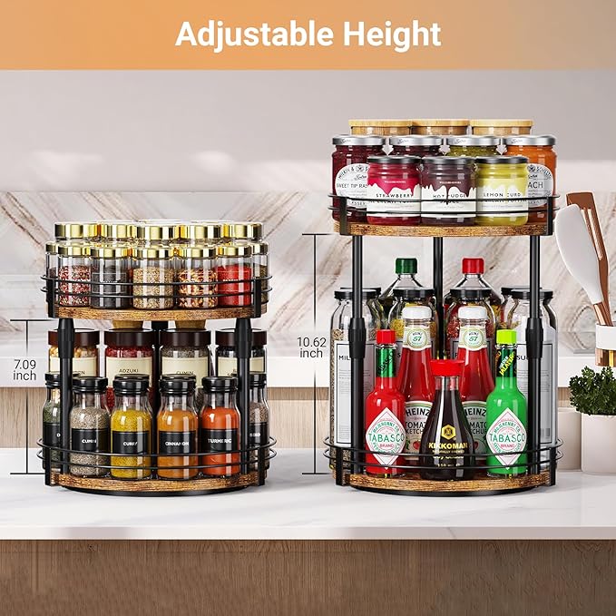 Lazy-Susan-Organizer-Spice-Rack, 2-Tier Rotating Spice Organizer For Kitchen-Cabinet-Countertop-Pantry, Turntable Seasoning Holder Storage Shelf With Adjustable Height