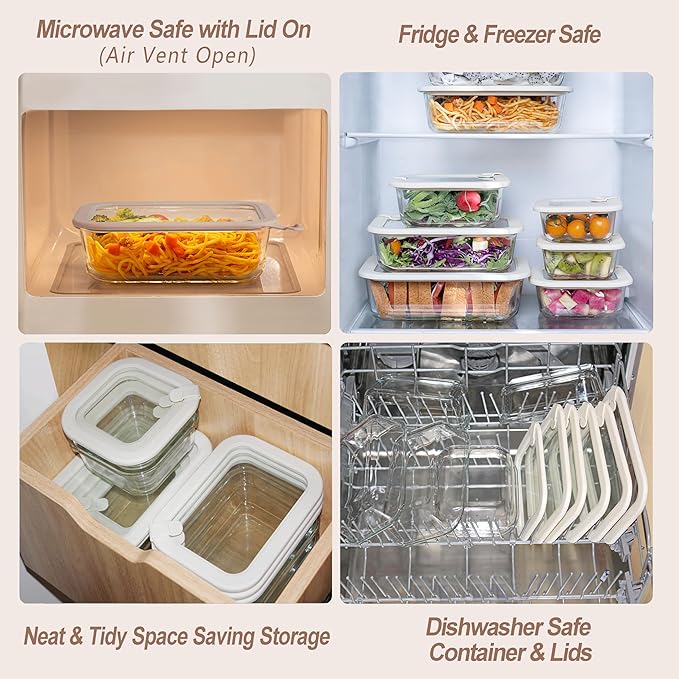 Urban Green Glass Food Storage Containers with Glass Lids, Microwave Safe Food Container Set, Airtight Food Container Set, LeakProof, 100% Plastic Free, White Color, 4pack