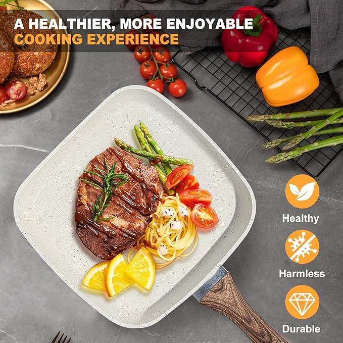 3 Pieces Nonstick Grill Pan Set – Square Griddle Pans with Wooden Handle, Compatible with All Stovetops, Perfect for Steak, BBQ, Vegetables (9.5", 10.2", 11") Ivory
