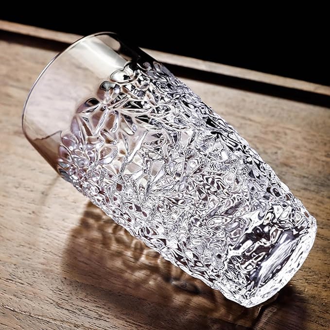 Set of 4 Luxury Highball Glasses - 14oz Cut-Glass Water Drinking Cups - Stackable Collins Glass for Tiny Kitchens, Dishwasher Safe, Elegant Glassware Set Fits Wedding, Christmas