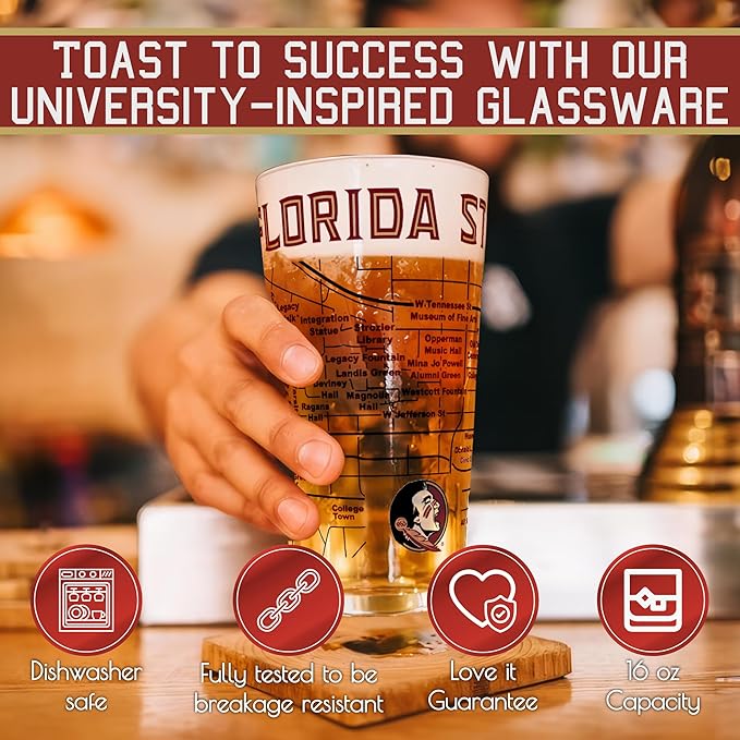 Greenline Goods – Florida State University Seminoles College Pint Beer Glasses (Set of 2), 16 oz – Full-Color Logo + Campus Map