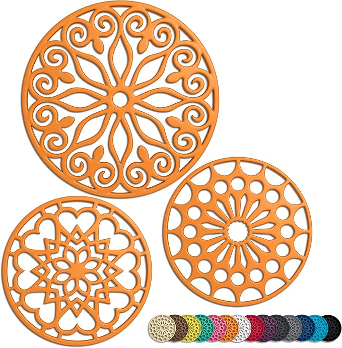 3 Set Silicone Trivet Mats With 1 Extra Large Included | Intricately Carved Insulated Flexible Durable Non Slip Thick Round Premium Trivets for Hot pots and pans | Orange