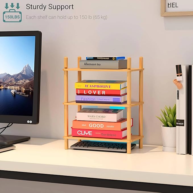 Expandable Bamboo Desktop Organizer Shelf Kitchen Cabinet and Counter Riser Display Shelf for Top of Desk Home Office Bathroom Coffee Table Display Stand- Useful Home & Housewarming Gift