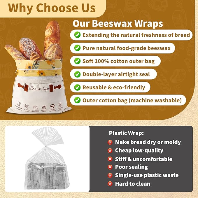 2 Pack Beeswax Bread Bags with Zipper for Homemade Bread & Sourdough, Reusable Natural Cotton Lined Storage with Easy-Clean Detachable Design, Freezer Safe Freshness Bag