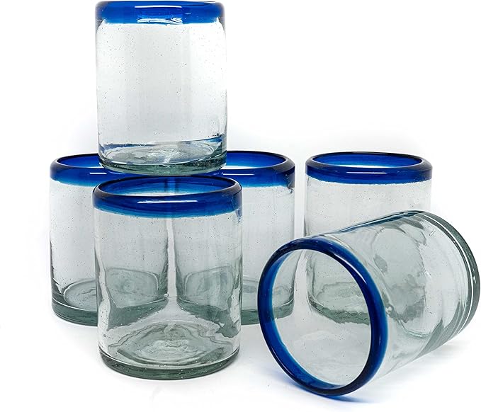 Set of 6 Hand-Blown Tumbler (10 oz) Glasses from Mexico with Cobalt Blue Rim - Rustic & Handcrafted Recycled Bubble Glass Drinking Glassware