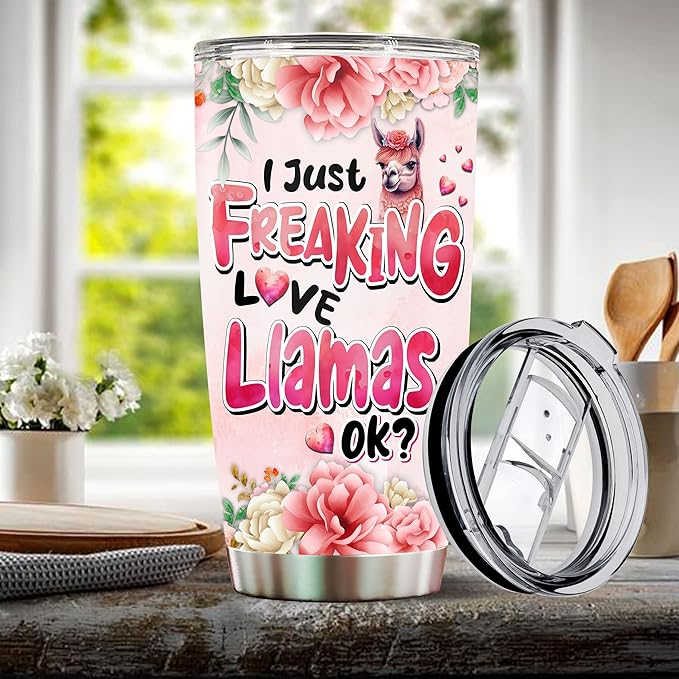 Llama Tumbler 20oz Cute Animal Gift for Women, Girls Who Freaking Love Llamas Lovers Flowers Perfect Birthday Christmas Valentine Wife Daughter Insulated Stainless Steel Coffee Cup with Lid