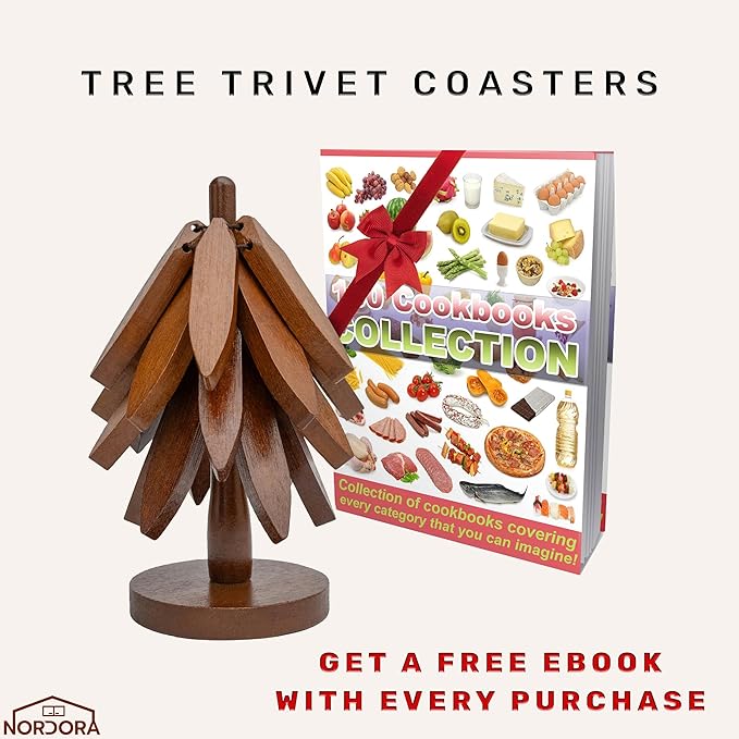 Wooden trivets for hot Dishes – 4 Tree-Shaped Coasters & 1 Stand for Hot Pots, Dishes | Heat-Resistant, Space-Saving Pot Rest & Cozy Kitchen Decor, Tree Trivets for Counter + Special Bonus (Walnut)