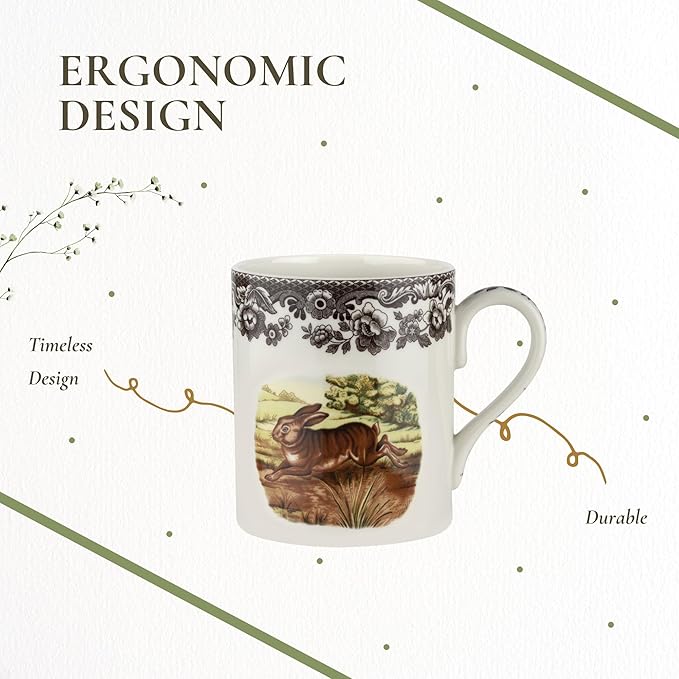 Spode Woodland Rabbit Mug - 16 oz Fine Porcelain with British Flowers Border, Dishwasher, Microwave, Freezer & Oven Safe - Country Living Wildlife Mug for Coffee, Tea, Soup & Desserts
