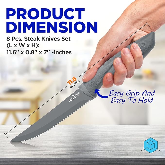 NutriChef SereneLife Stainless Steel Knife Set, 8 Pcs. - Non-Stick Coating, Sharp Serrated Blades, Professional Kitchen Set, Rust-Resistant, Dishwasher Safe, Ideal for BBQ & Grilling, Gray