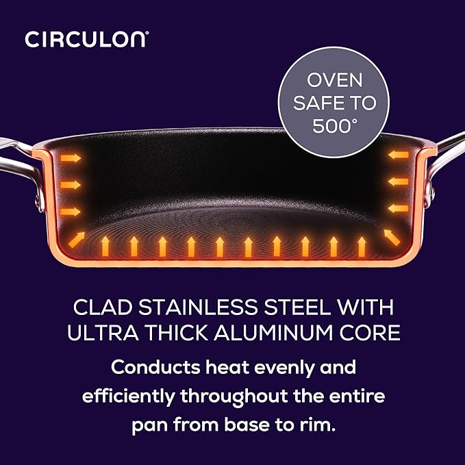 Circulon C1 Series Clad Stainless Steel with ScratchDefense Technology Cookware Nonstick Induction Saute Pan with Lid and Helper Handle, Metal Utensil Safe, 5 Quart - Polished Stainless Steel