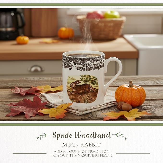 Spode Woodland Rabbit Mug - 16 oz Fine Porcelain with British Flowers Border, Dishwasher, Microwave, Freezer & Oven Safe - Country Living Wildlife Mug for Coffee, Tea, Soup & Desserts