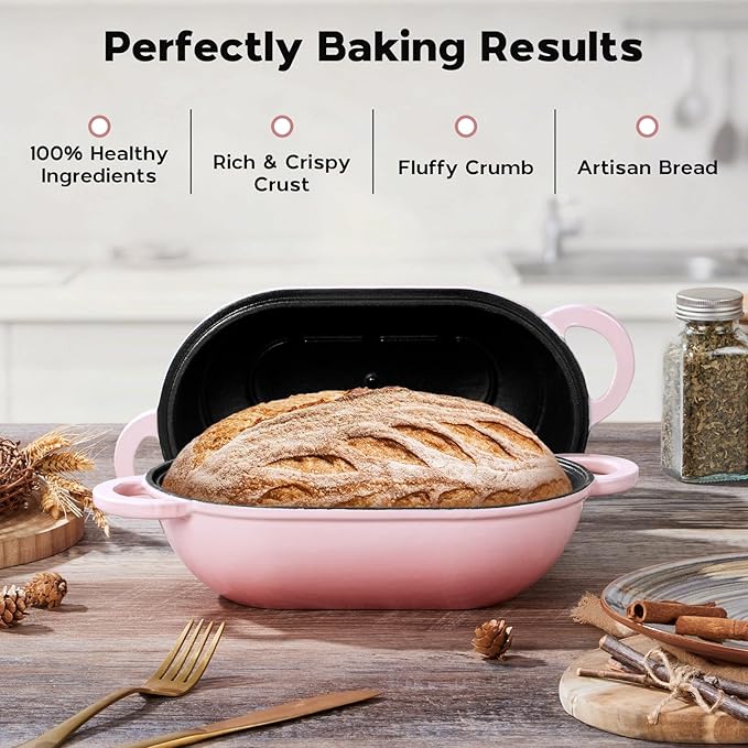 Onader Enameled Cast Iron Dutch Oven, 2.8QT Dutch Oven Pot with Lid for Sourdough Bread Baking, Oval Meatloaf Pan, Heavy Duty - Pink