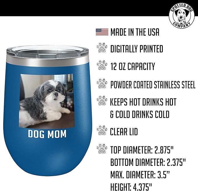 Personalized 12oz (17 Colors) Mother's Day Photo Printed Insulated Stainless Steel Powder Coated Stemless Wine Tumbler with Lid, Customized Gift Idea for Her, Coach Gifts Team Mom Dad (Royal Blue)