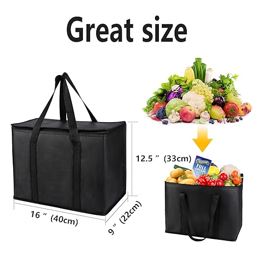 2 Pack Additional Bottom Plate Black Insulated Grocery Shopping Bag, Delivery,Pizza,Reusable Bags, Sturdy Zipper,Collapsible,Tote,Cooler,Thermal,Beach,Waterproof Heavy Duty