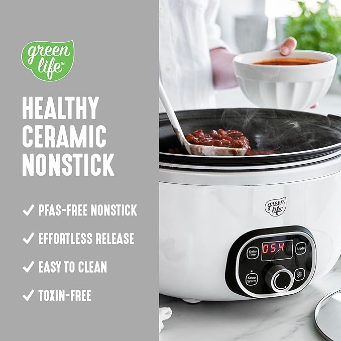 GreenLife 6QT Slow Cooker, Non-Toxic PFAS-Free Ceramic Nonstick Removable Interior Bowl, Programmable, Family Friendly, Keep Warm, Stovetop & Oven Safe, Dishwasher Safe Crock, Timer, Glass Lid, White