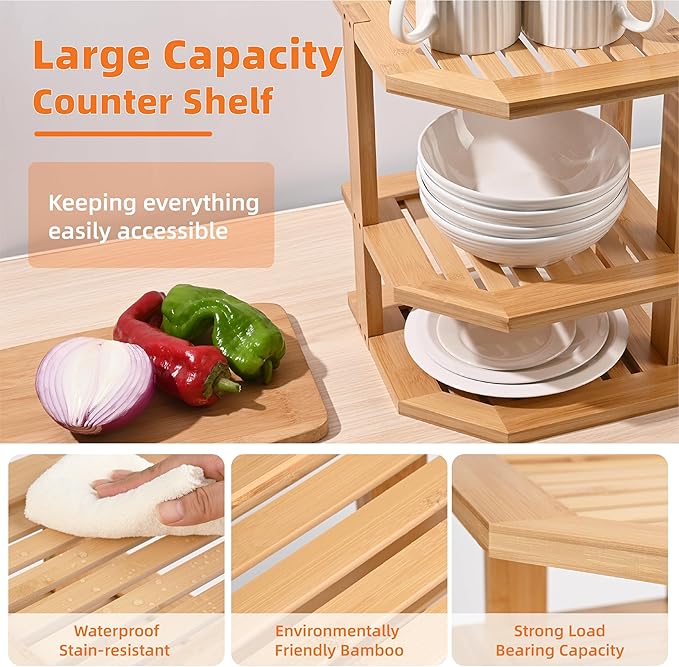 Bamboo Kitchen Cabinet Organizer, 3 Tier Spice Rack Organizer for Cabinet, Space-Saving Spice Corner Shelf, Multi-Purpose Kitchen Counter Shelf for Spices, Plates, Fruits, Bread and Canned