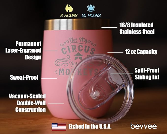 Bevvee Not My Circus Not My Monkeys - Wine Tumbler with Sliding Lid - Stemless Stainless Steel Insulated Cup - Funny Retirement Gifts - Pink