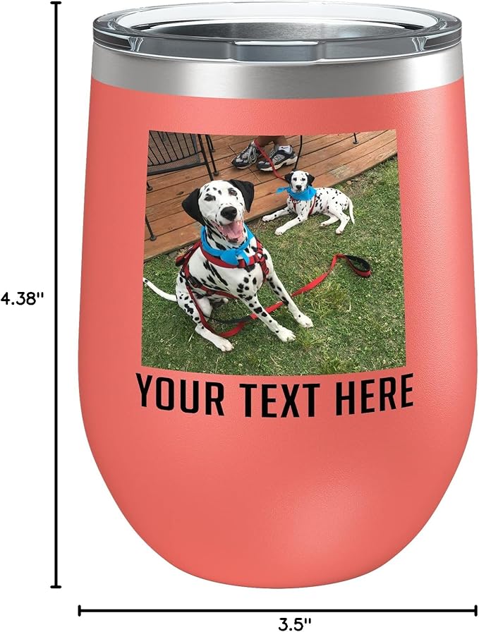 Personalized Mothers Day 12oz Photo Printed Insulated Stainless Steel Powder Coated Stemless Wine Tumbler with Lid, Customized Mom Gift Idea For Her, Custom Mum Team Mom Dad (Coral)