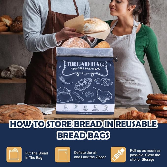 Bread Bag, 2 Packs Reusable Sourdough Storage Bag With Zipper for Homemade Loaf- Large Freezer Container Bread Box to Keep Bread Fresh (Black, L)