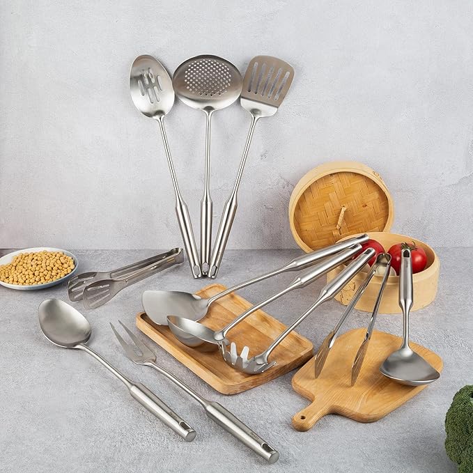 18/10 Stainless Steel Kitchen Utensils Set - 15” All Metal Cooking Tools, 11Pcs - 2 Tongs, Fork, Solid Spoon, Slotted Spoon, Spatula, Soup Ladle, Skimmer, Slotted Spatula, Spaghetti Spoon, Large Spoon