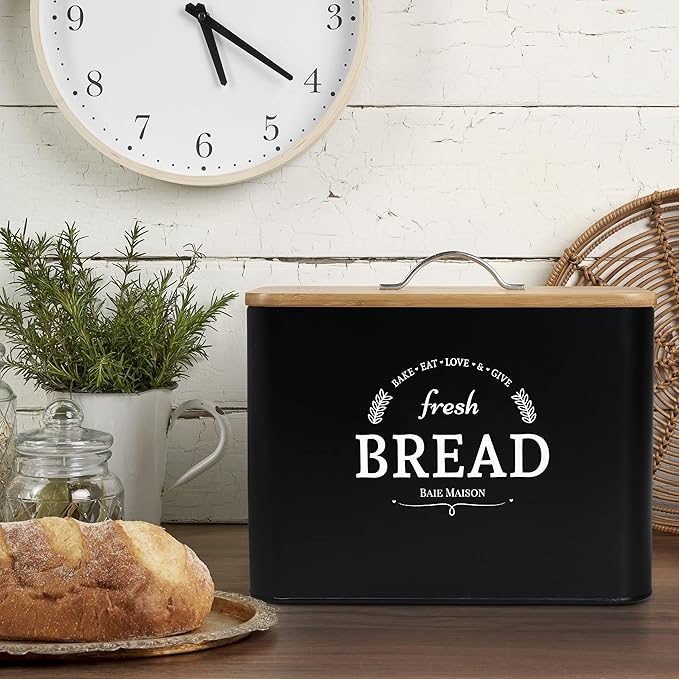 Extra Large Black Farmhouse Bread Box for Kitchen Countertop - Breadbox Holder Fits 2+ Loaves - Bread Storage Container Bin - Rustic Bread Keeper Vintage Metal Kitchen Decor (Black with Wood Lid)