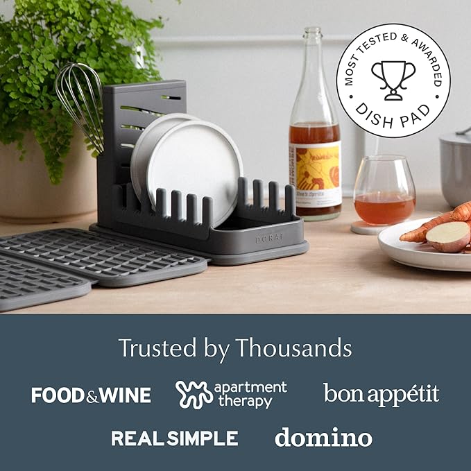 Dorai Home Collapsible Dish Drying Rack and Stone Pad – Foldable Drying Rack with Instant-Dry Stone Mat – Space-Saving Collapsible Drainer for Kitchen Counter - 19.9" x 15.2" (Slate)